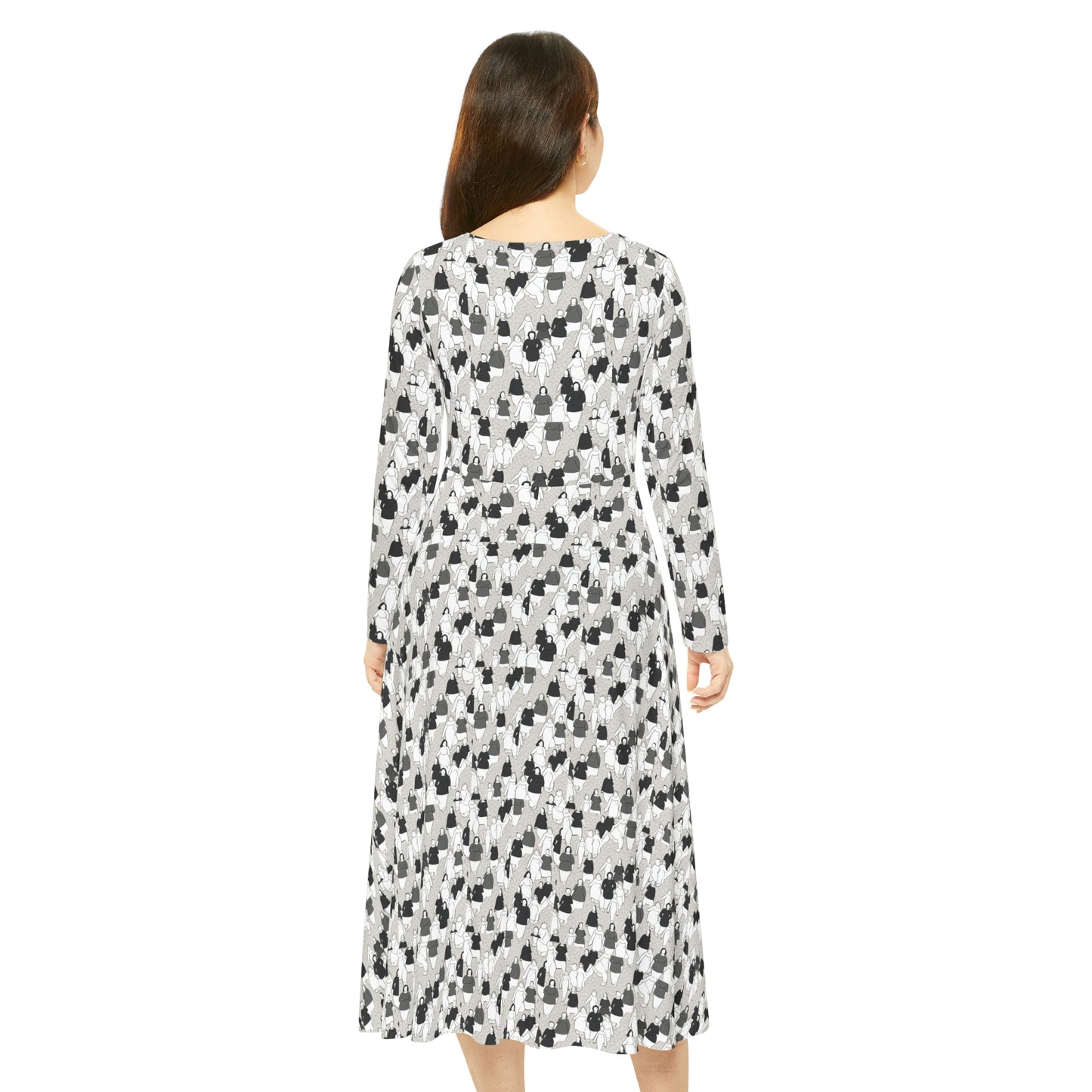 Crowded Patterned Long Sleeve Dance Dress - Grayscale